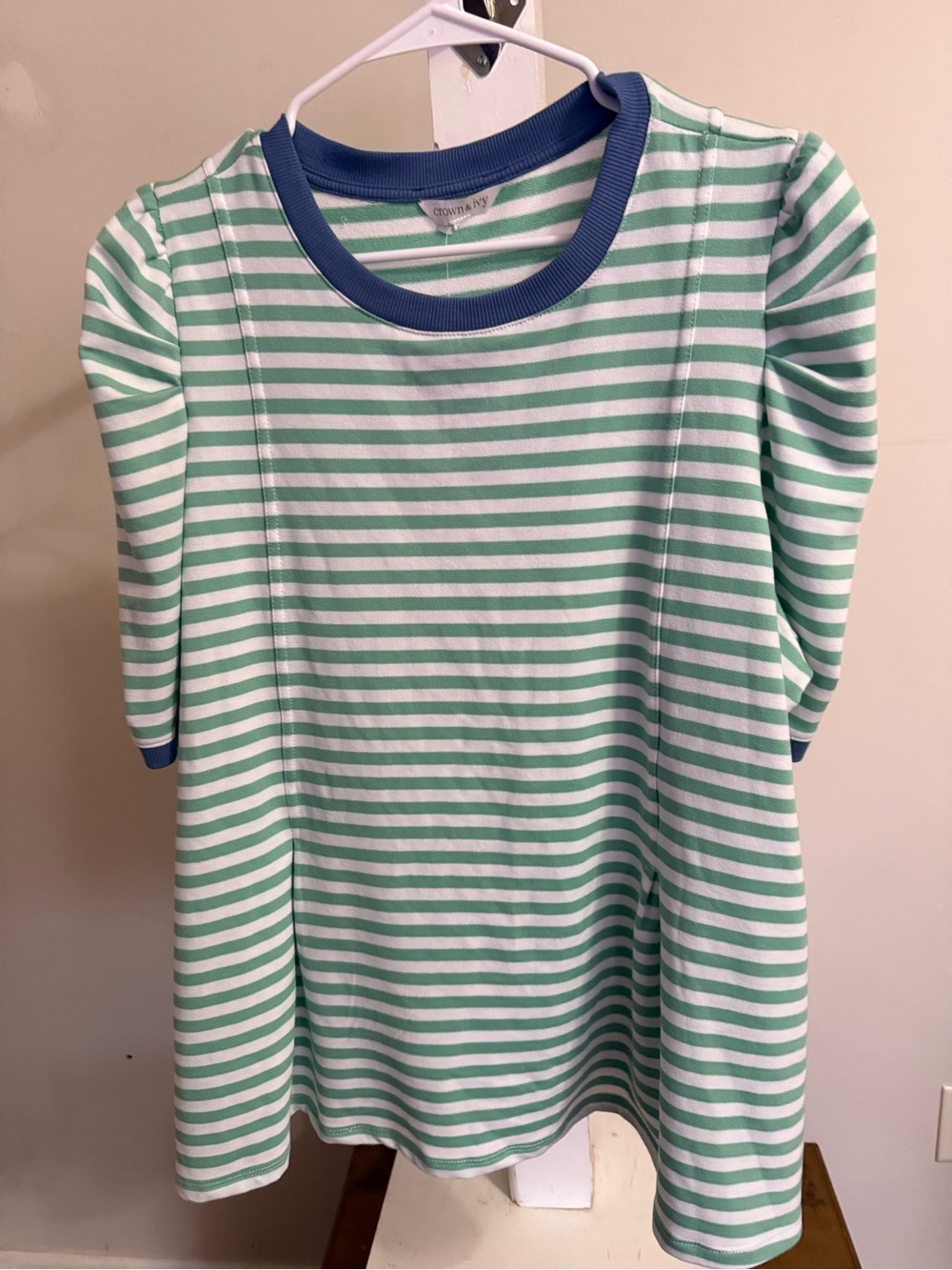 crown & ivy Mint Green and White Striped Short Sleeve Tee with Navy Trim